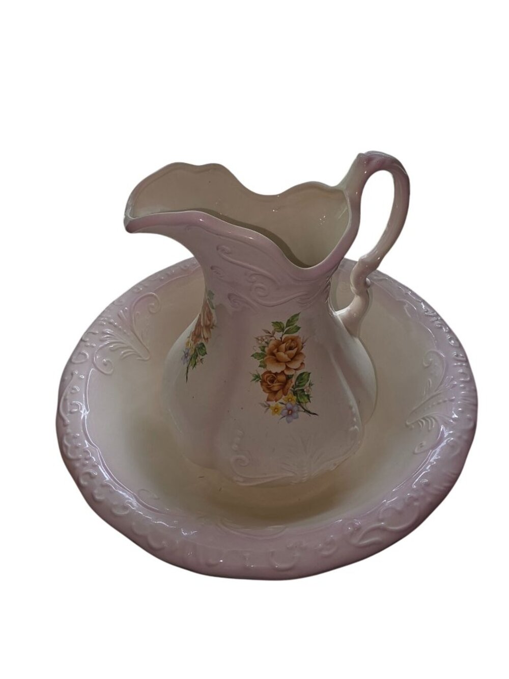 Vintage R.S. Prussia Wash Basin & Pitcher Set | Blush Pink Floral Porcelain Ewer